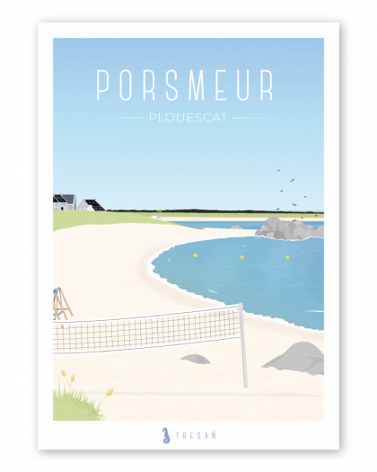 Affiche plage de Porsmeur à Plouescat en Bretagne, illustration contemporaine de la plage, du front de mer et des paysages de la Côte des Sables