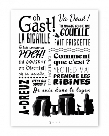 Affiche Expressions Bretonnes, illustration décorative regroupant des expressions locales de Bretagne et du Finistère