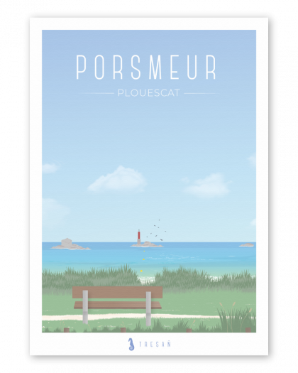 Affiche plage de Porsmeur à Plouescat en Bretagne, vue depuis la dune vers la balise rouge et le rocher du Penven sur la Côte des Sables