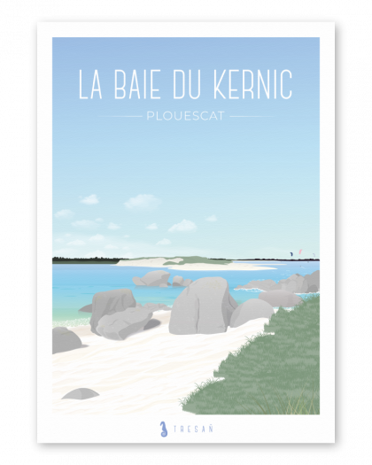 Affiche Baie du Kernic à Plouescat en Bretagne, illustration contemporaine avec vue sur la dune de Keremma et les paysages côtiers du Léon