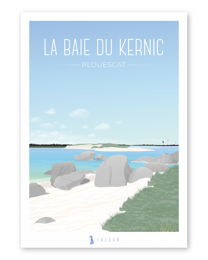 Affiche Baie du Kernic à Plouescat en Bretagne, illustration contemporaine avec vue sur la dune de Keremma et les paysages côtiers du Léon
