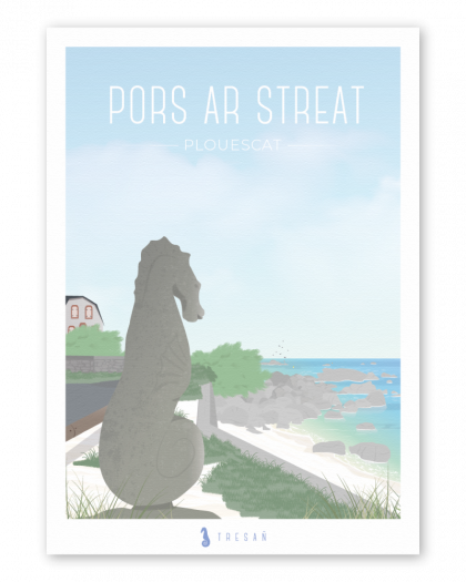 Affiche L’Hippocampe de Pors ar Streat à Plouescat en Bretagne, illustration contemporaine du littoral de Porsguen sur la Côte des Sables