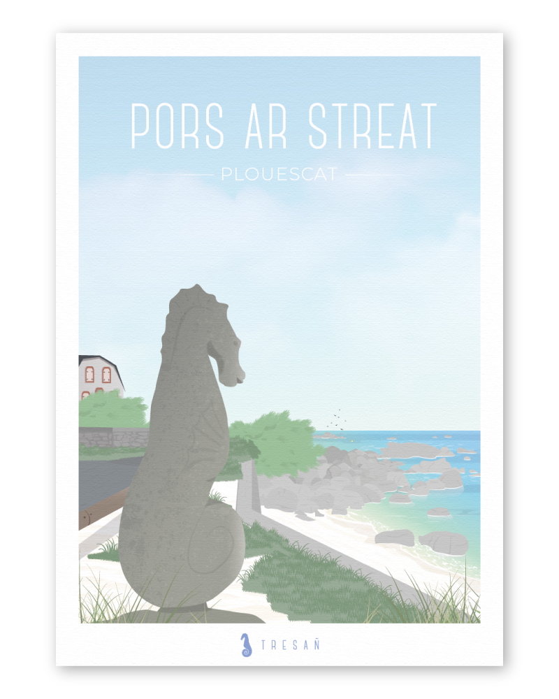 Affiche L’Hippocampe de Pors ar Streat à Plouescat en Bretagne, illustration contemporaine du littoral de Porsguen sur la Côte des Sables