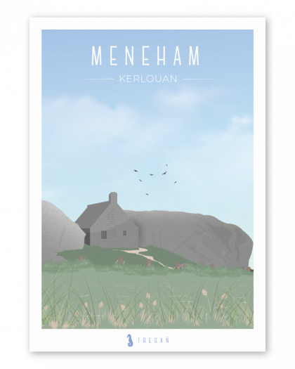 Affiche Ménéham en Bretagne, illustration contemporaine de la maison entre les rochers sur la côte du Finistère nord
