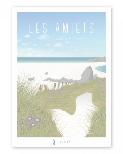 Affiche Les Amiets à Cléder en Bretagne, illustration contemporaine inspirée de la plage et des dunes du littoral du Léon