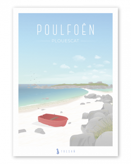 Affiche plage de Poulfoën à Plouescat en Bretagne, illustration contemporaine de la plage, des dunes et du bord de mer sur la Côte des Sables
