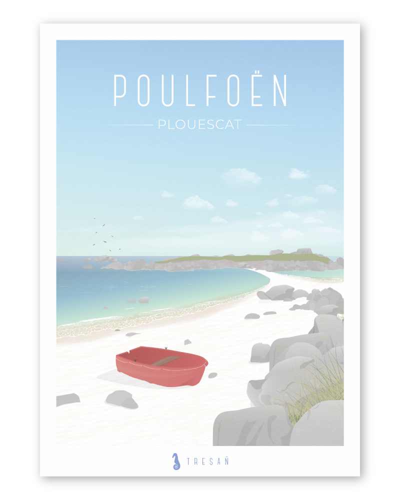 Affiche plage de Poulfoën à Plouescat en Bretagne, illustration contemporaine de la plage, des dunes et du bord de mer sur la Côte des Sables