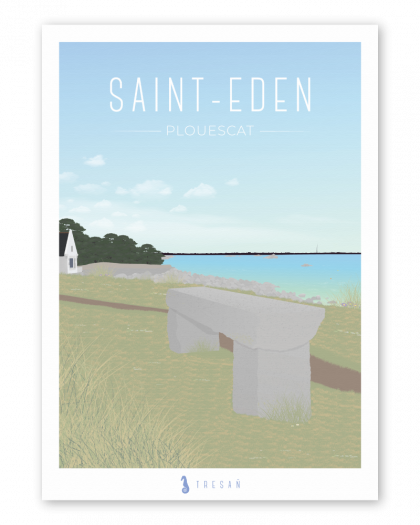 Affiche banc de granit de Saint-Eden à Plouescat en Bretagne, illustration contemporaine du point de vue sur la mer et les paysages du Léon