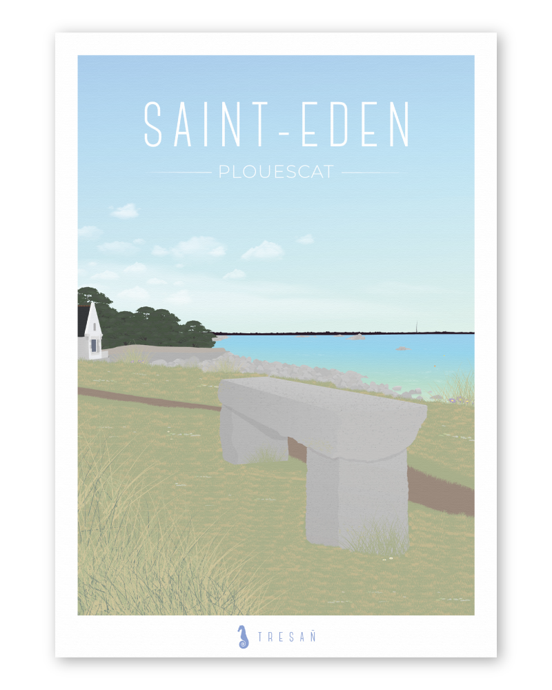 Affiche banc de granit de Saint-Eden à Plouescat en Bretagne, illustration contemporaine du point de vue sur la mer et les paysages du Léon