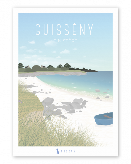 Affiche de Guissény en Bretagne, illustration contemporaine inspirée du littoral sauvage et des paysages du Pays Pagan