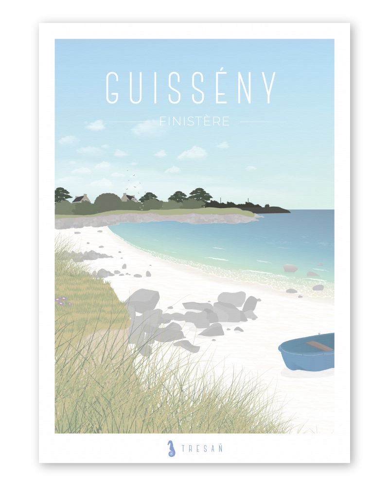 Affiche de Guissény en Bretagne, illustration contemporaine inspirée du littoral sauvage et des paysages du Pays Pagan