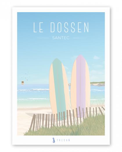 Affiche Le Dossen à Santec en Bretagne, illustration contemporaine inspirée du spot de surf et du littoral du Finistère nord