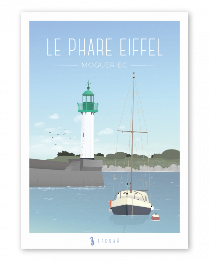 Affiche Phare Eiffel à Moguériec en Bretagne, illustration contemporaine du phare et du port sur la côte nord du Finistère