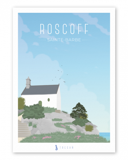 Affiche Chapelle Sainte-Barbe à Roscoff en Bretagne, illustration contemporaine inspirée du patrimoine et du littoral du Finistère nord