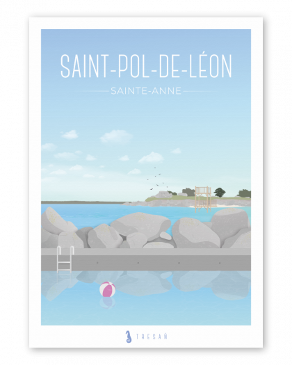 Affiche piscine naturelle de la plage de Sainte-Anne à Saint-Pol-de-Léon en Bretagne, illustration contemporaine du bassin marin et du bord de mer du Finistère nord