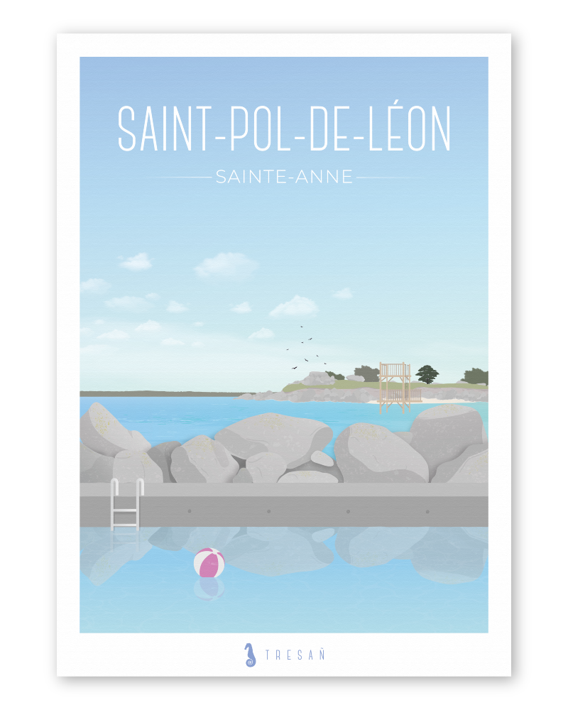 Affiche piscine naturelle de la plage de Sainte-Anne à Saint-Pol-de-Léon en Bretagne, illustration contemporaine du bassin marin et du bord de mer du Finistère nord