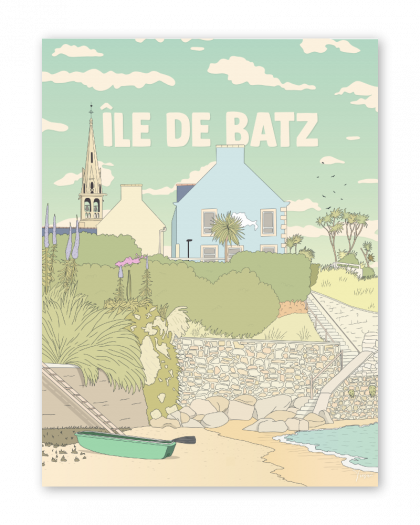 Affiche de l’Île de Batz en Bretagne, illustration décorative vintage inspirée des paysages marins