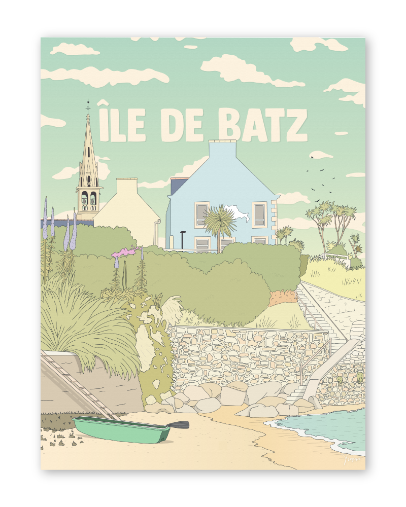 Affiche de l’Île de Batz en Bretagne, illustration décorative vintage inspirée des paysages marins