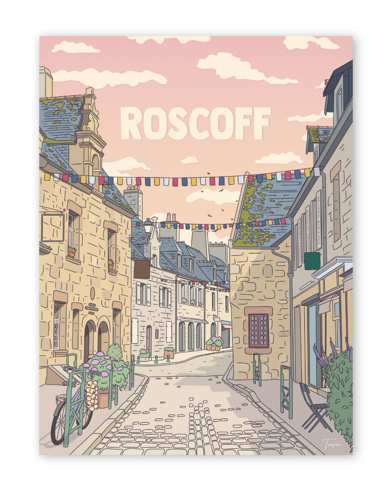 Affiche de Roscoff en Bretagne, illustration décorative vintage inspirée du littoral breton