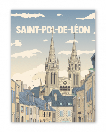 Affiche de Saint-Pol-de-Léon en Bretagne, illustration décorative vintage inspirée du Finistère nord