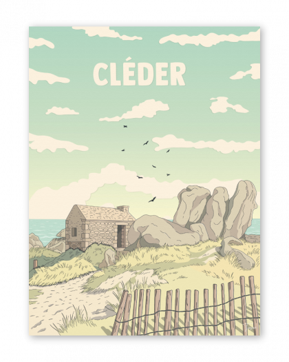 Affiche de Cléder en Bretagne, illustration décorative vintage inspirée du littoral breton
