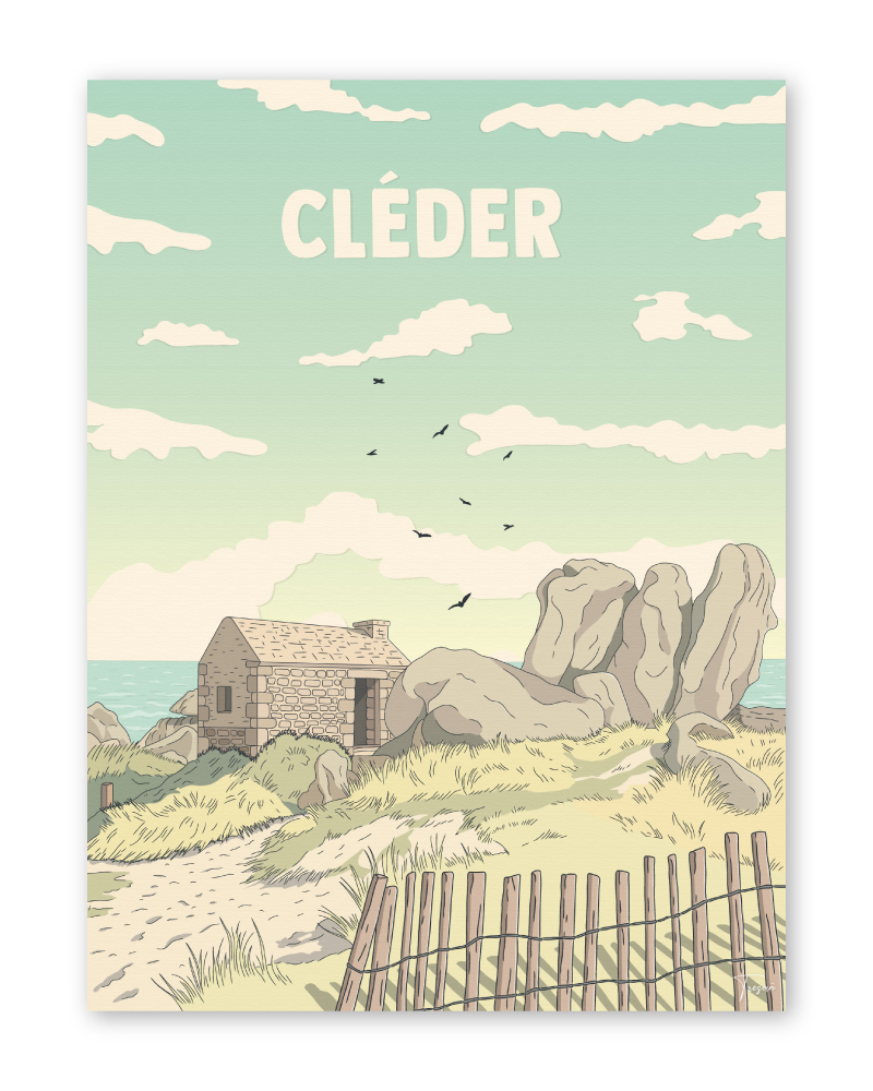 Affiche de Cléder en Bretagne, illustration décorative vintage inspirée du littoral breton
