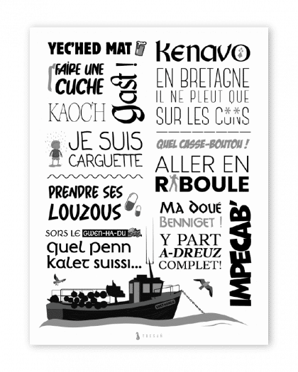Affiche Expressions Bretonnes, seconde illustration décorative regroupant des expressions locales de Bretagne et du Finistère