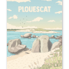 Affiche de Plouescat, Baie du Kernic en Bretagne, illustration vintage bleu ciel du littoral finistérien.