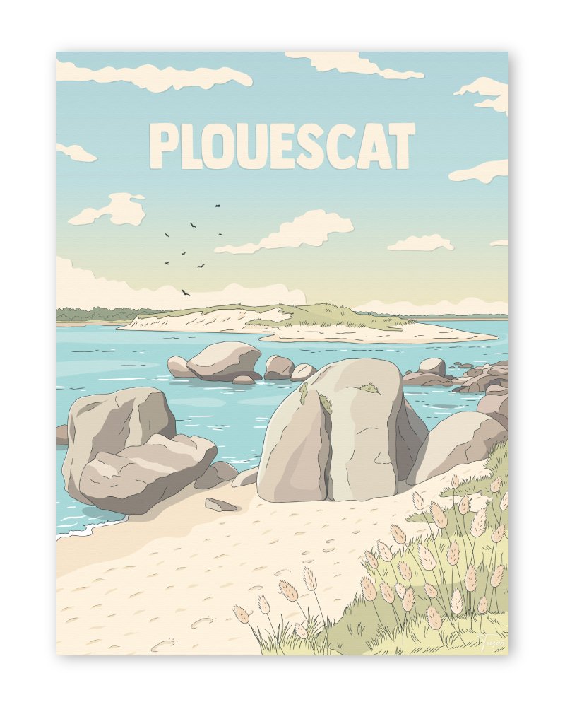 Affiche de Plouescat, Baie du Kernic en Bretagne, illustration vintage bleu ciel du littoral finistérien.