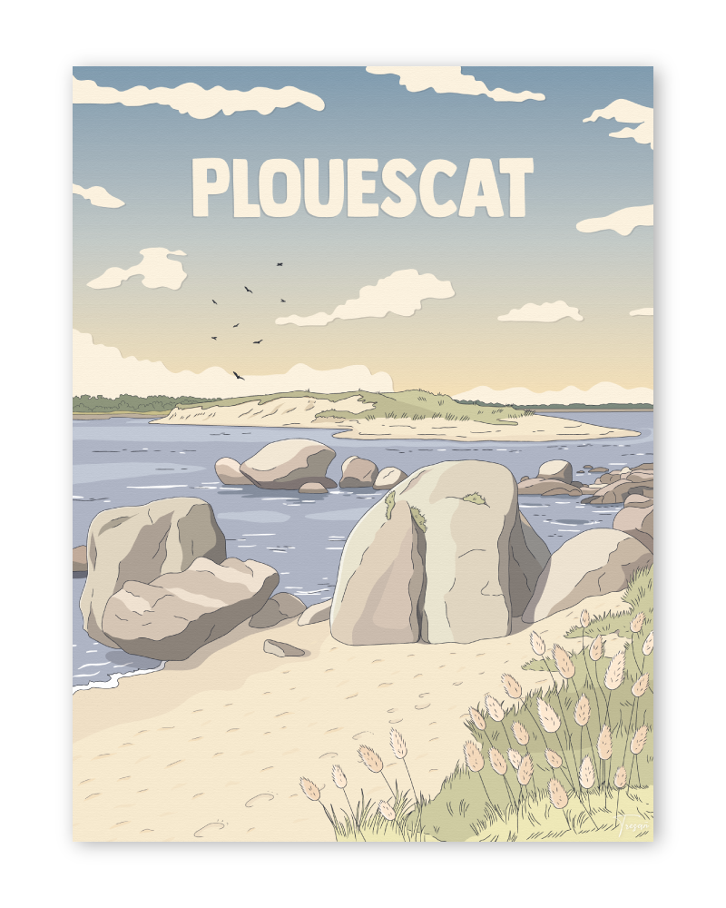 Affiche de Plouescat, Baie du Kernic en Bretagne, illustration vintage bleu marine inspirée du littoral breton.
