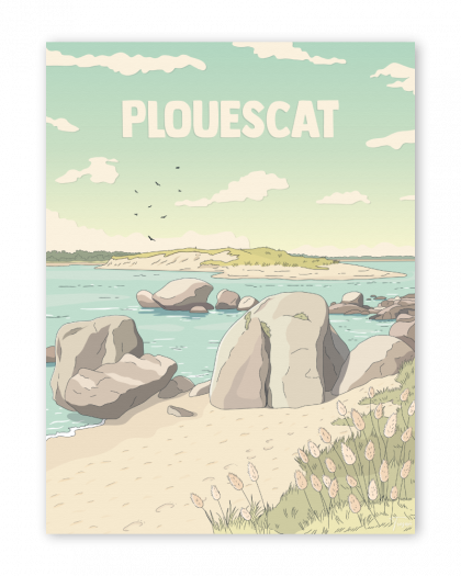 Affiche de Plouescat, Baie du Kernic en Bretagne, illustration vintage glaz aux couleurs du littoral breton.
