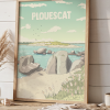 Affiche de Plouescat représentant la Baie du Kernic, présentée dans un cadre en bois, décoration murale inspirée de la Bretagne.