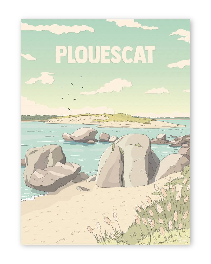 Affiche de Plouescat, Baie du Kernic en Bretagne, illustration vintage glaz aux couleurs du littoral breton.