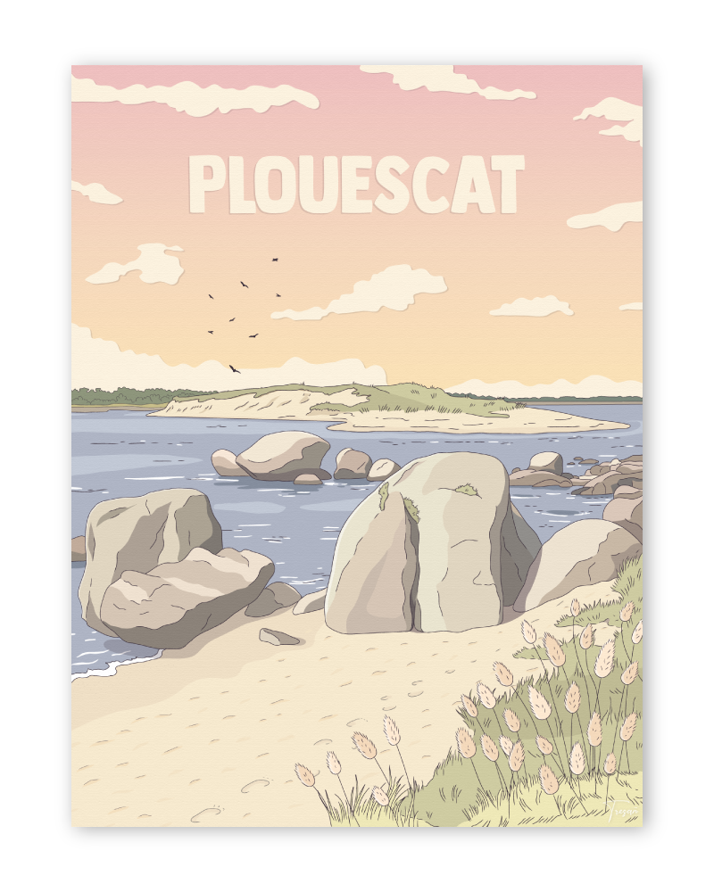 Affiche de Plouescat, Baie du Kernic en Bretagne, illustration vintage aux tons roses inspirée de la Côte des Sables.